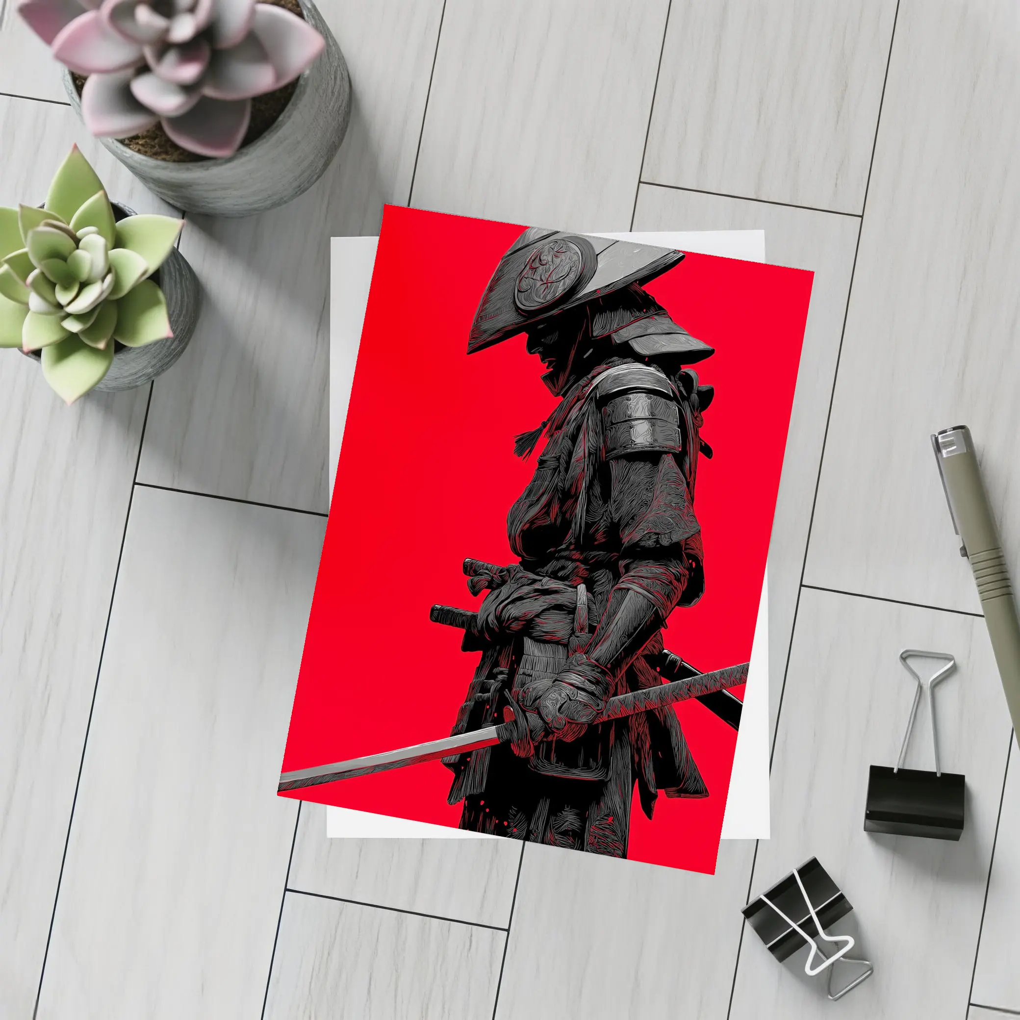 Dark Samurai Warrior Red Background Art – Postcards