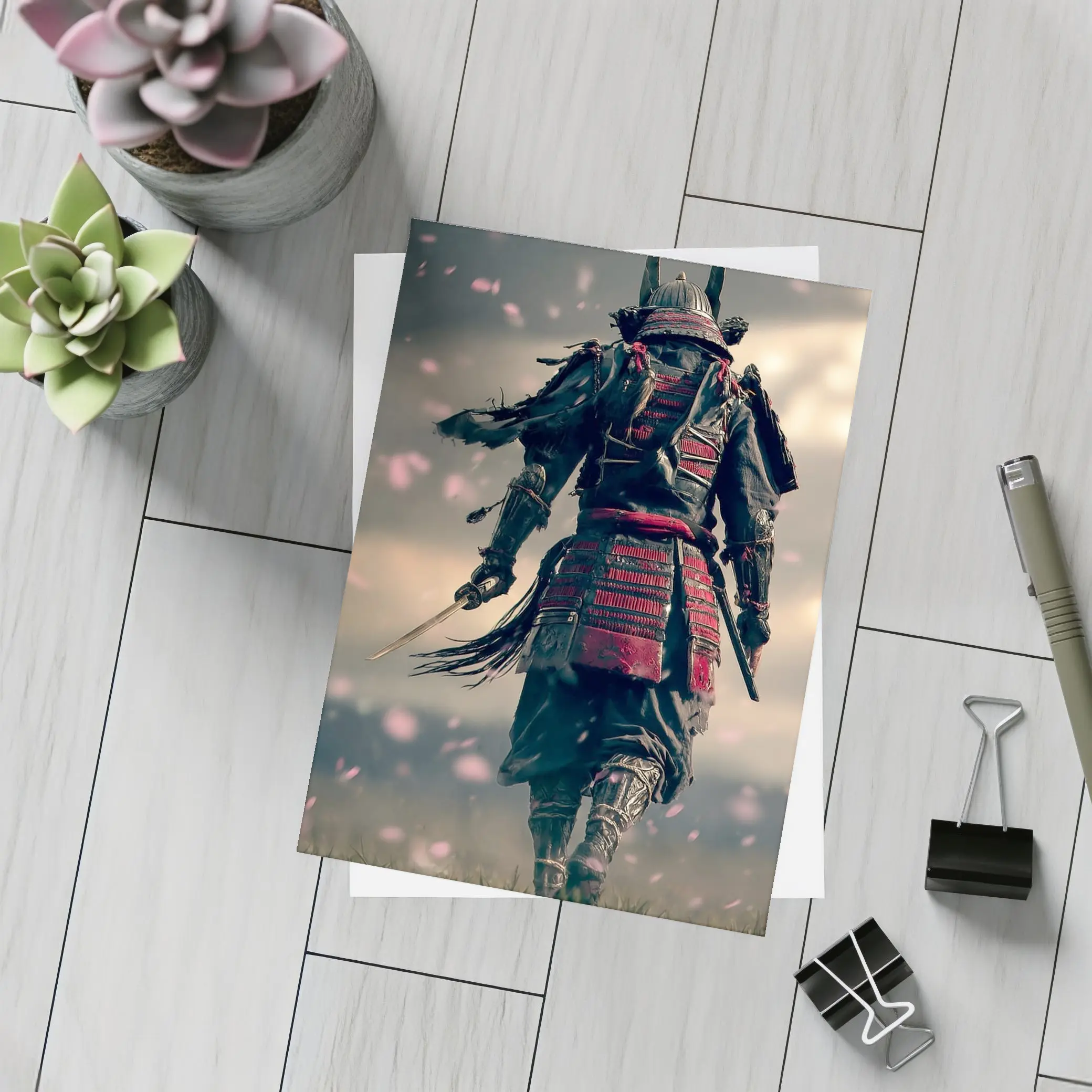 Samurai Warrior Walking Through Cherry Blossom Field – Postcards