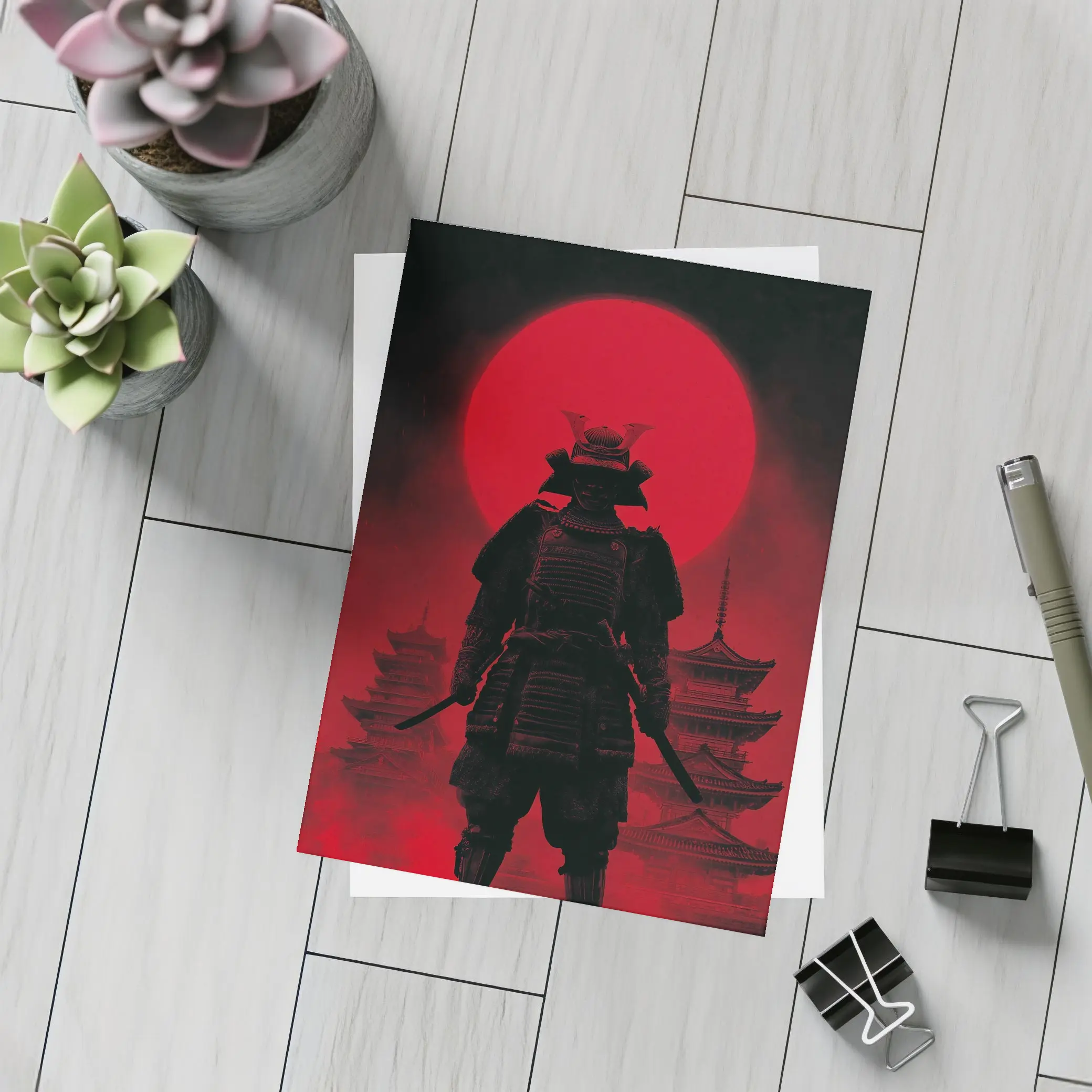 Samurai Warrior Red Moon Pagoda Night – Postcards
