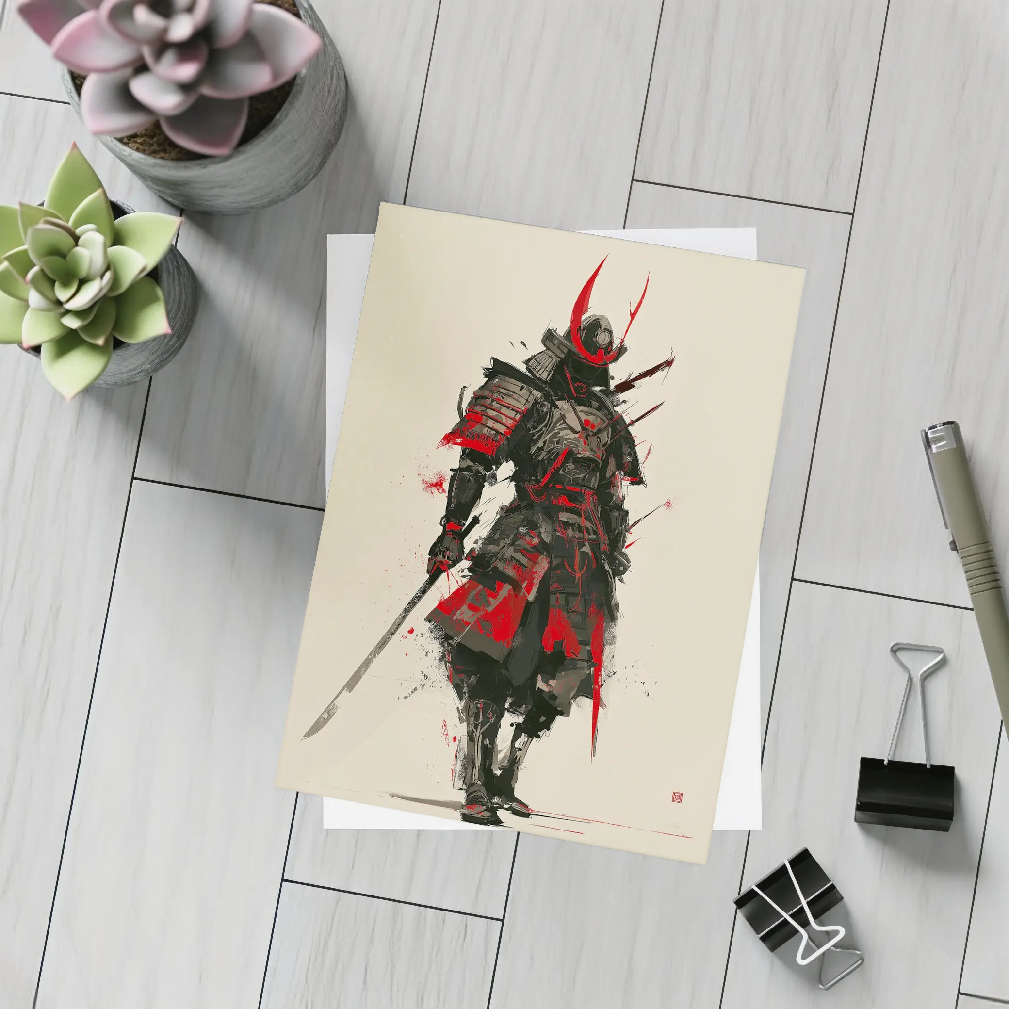 Dark Samurai Warrior Red Ink Art – Postcards