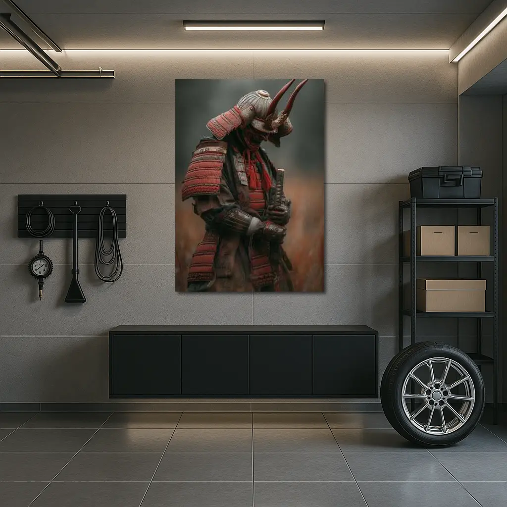Red Armored Samurai Warrior In Misty Field – Wall Art