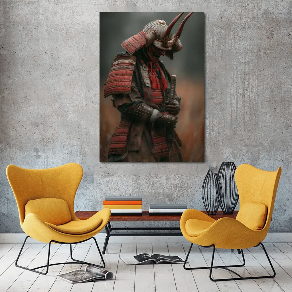 Red Armored Samurai Warrior In Misty Field – Wall Art