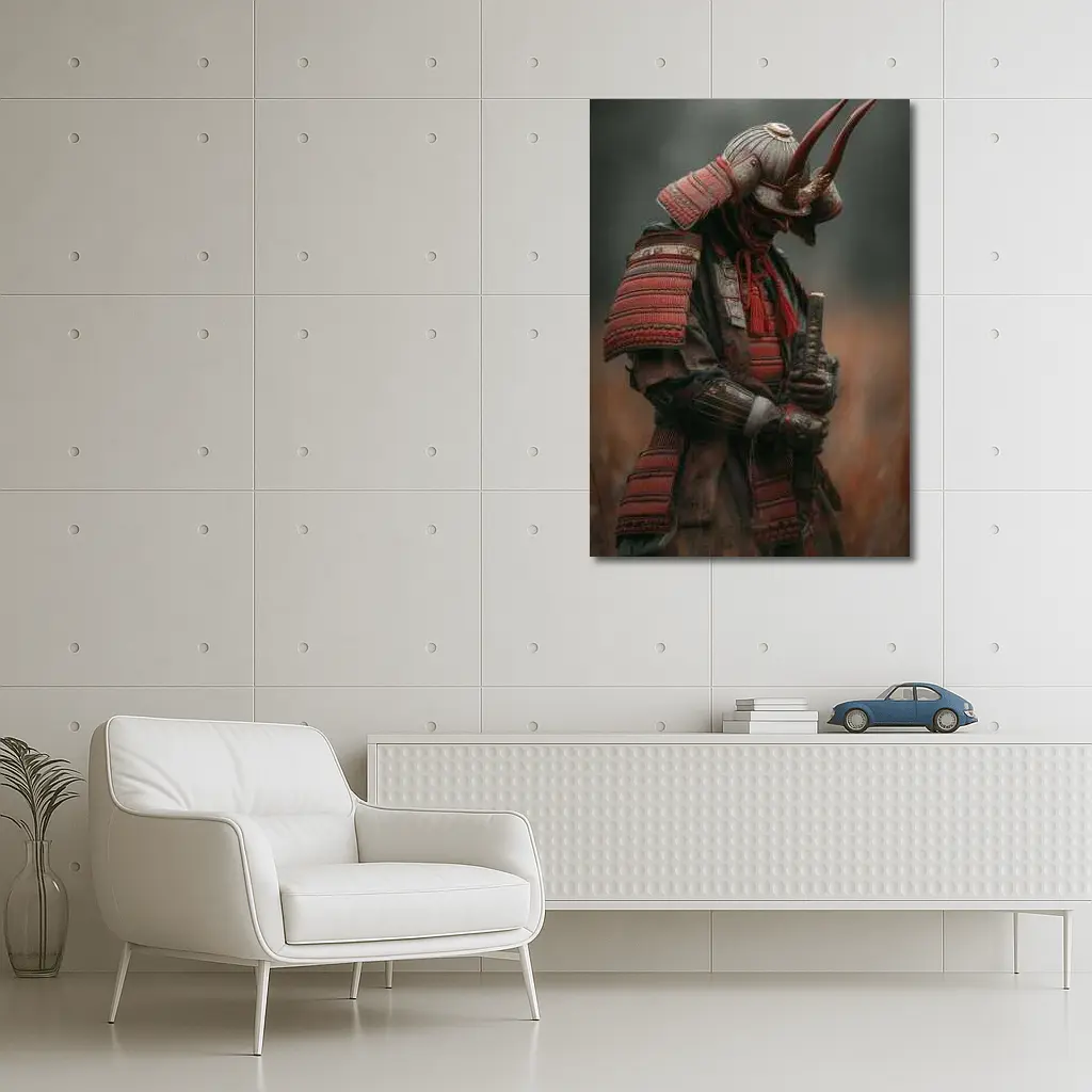 Red Armored Samurai Warrior In Misty Field – Wall Art