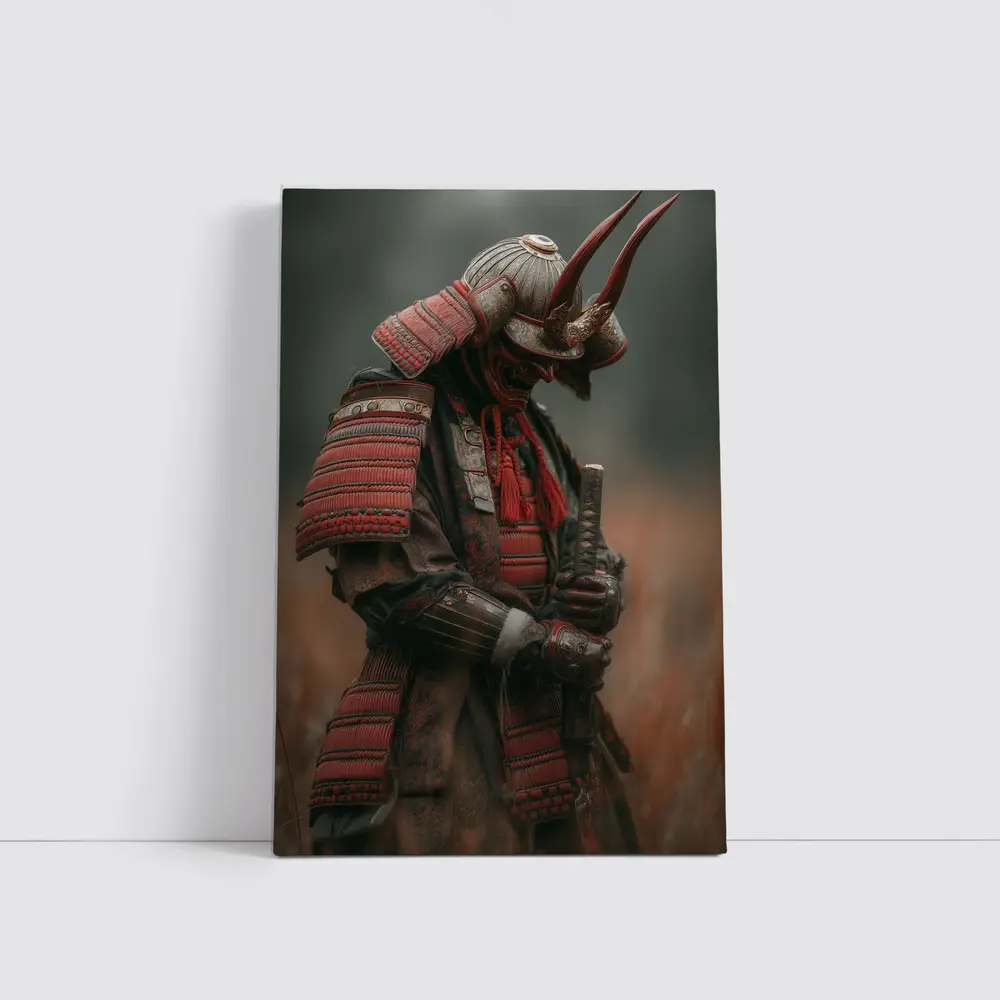 Red Armored Samurai Warrior In Misty Field – Wall Art