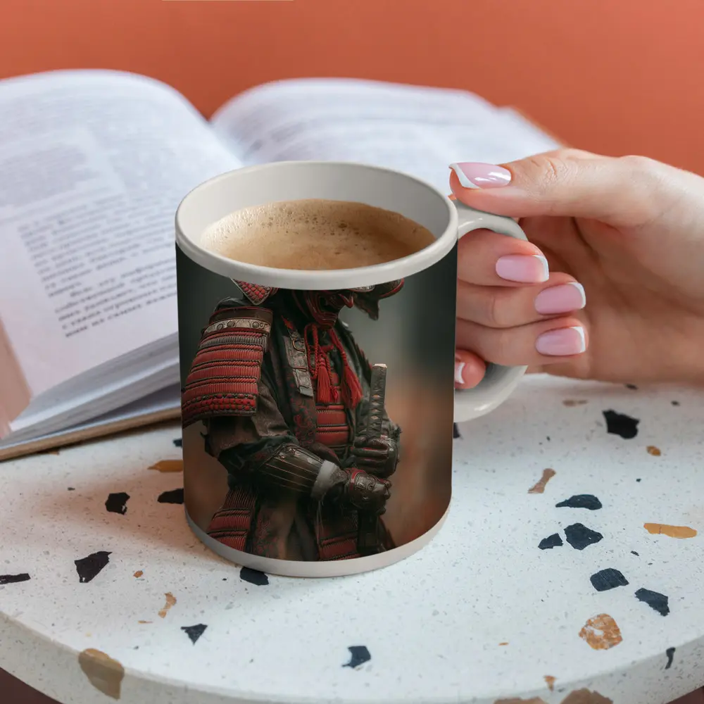 Red Armored Samurai Warrior In Misty Field – Mugs