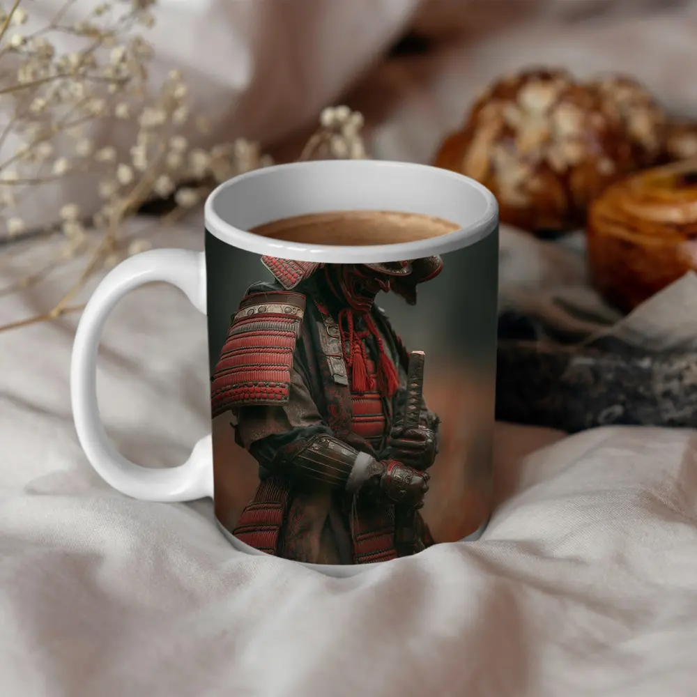 Red Armored Samurai Warrior In Misty Field – Mugs