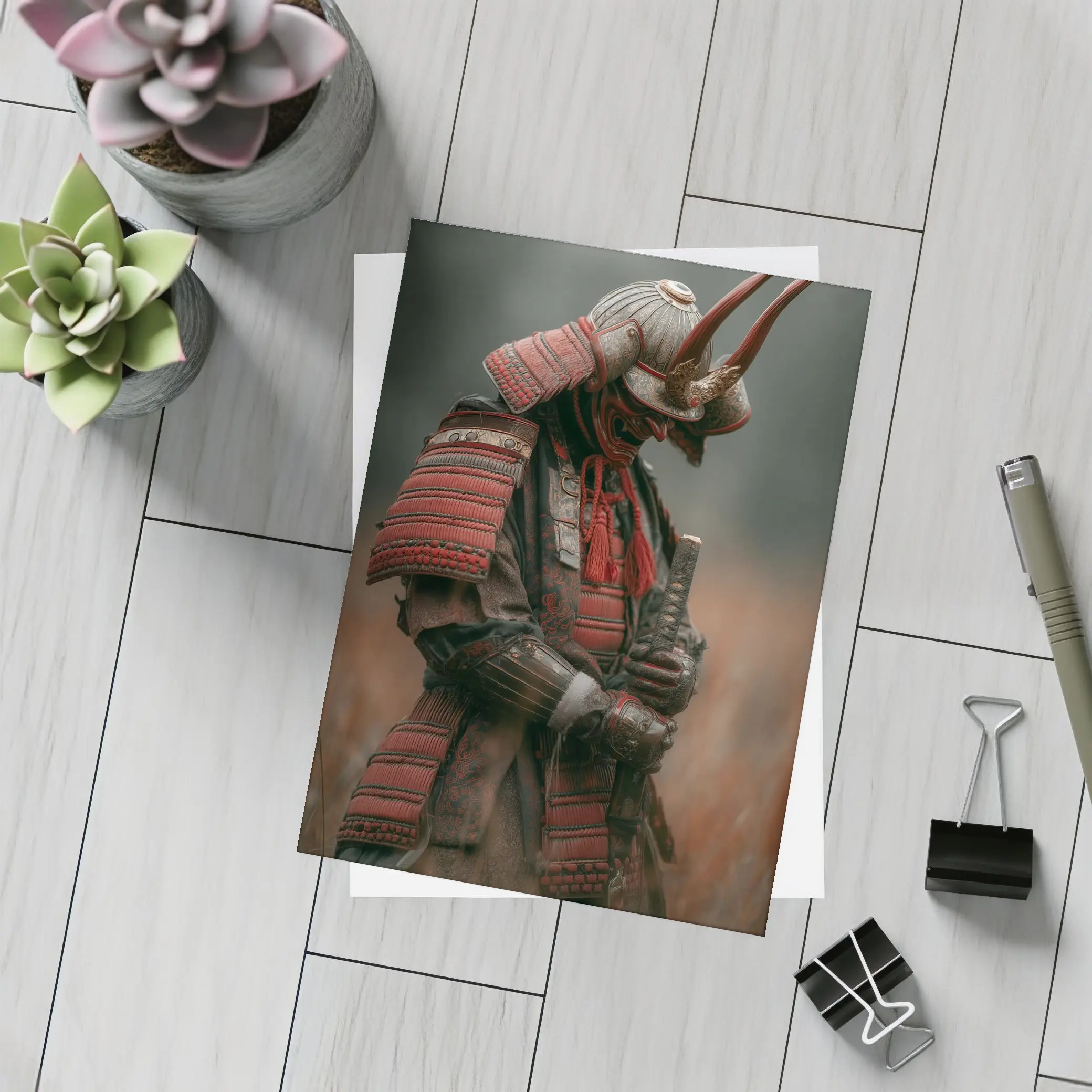 Red Armored Samurai Warrior In Misty Field – Postcards