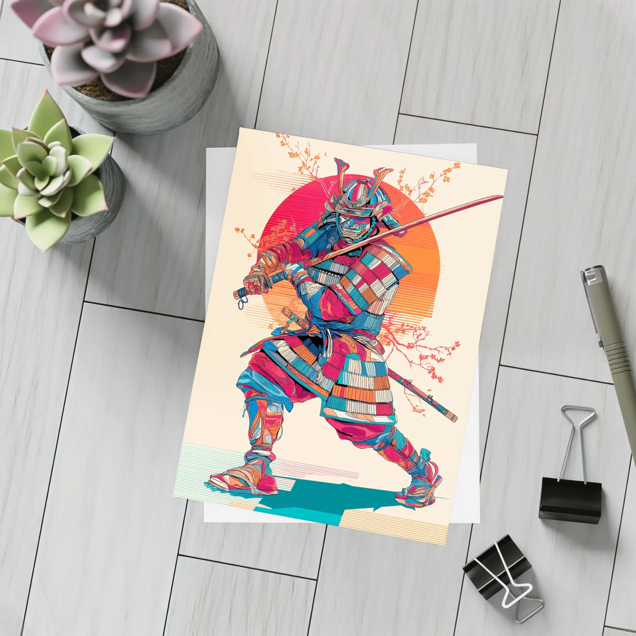 Samurai Warrior Red Sun Cherry Blossoms – Postcards