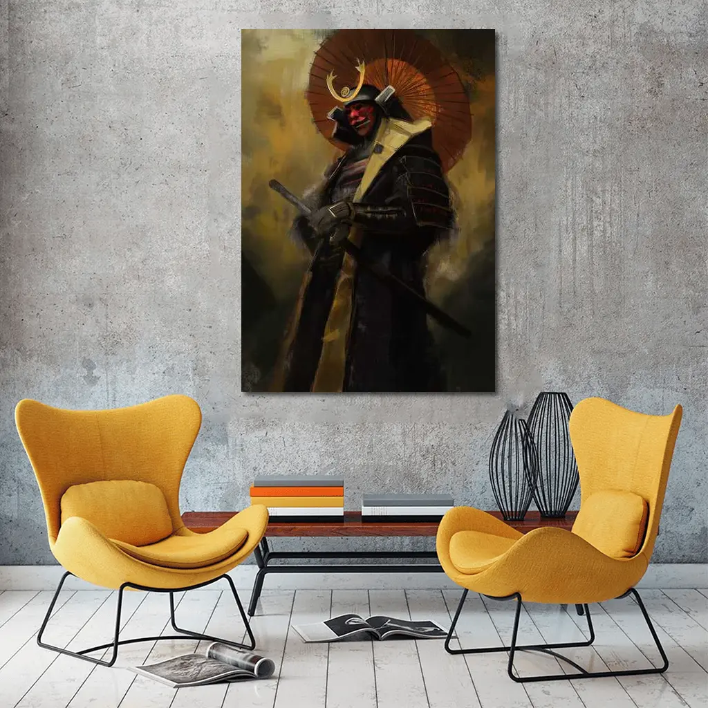Red Masked Samurai Warrior Dark Painted Background – Wall Art