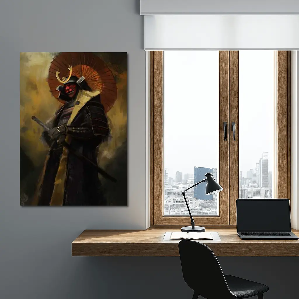 Red Masked Samurai Warrior Dark Painted Background – Wall Art