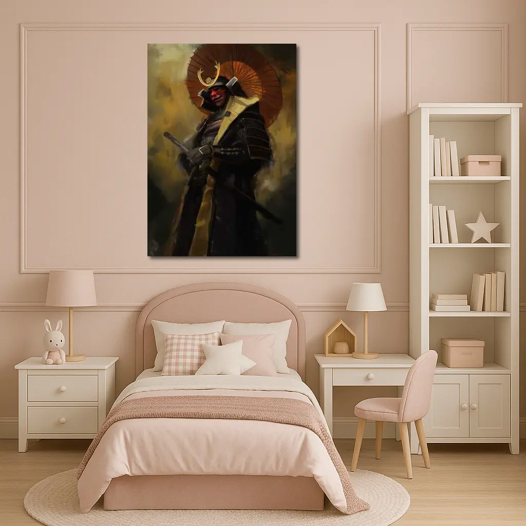 Red Masked Samurai Warrior Dark Painted Background – Wall Art