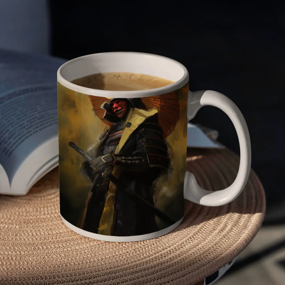 Red Masked Samurai Warrior Dark Painted Background – Mugs