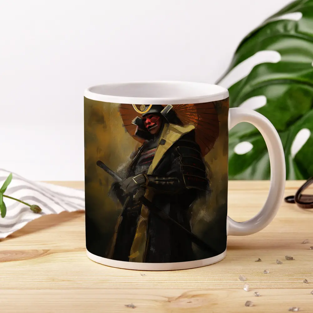 Red Masked Samurai Warrior Dark Painted Background – Mugs