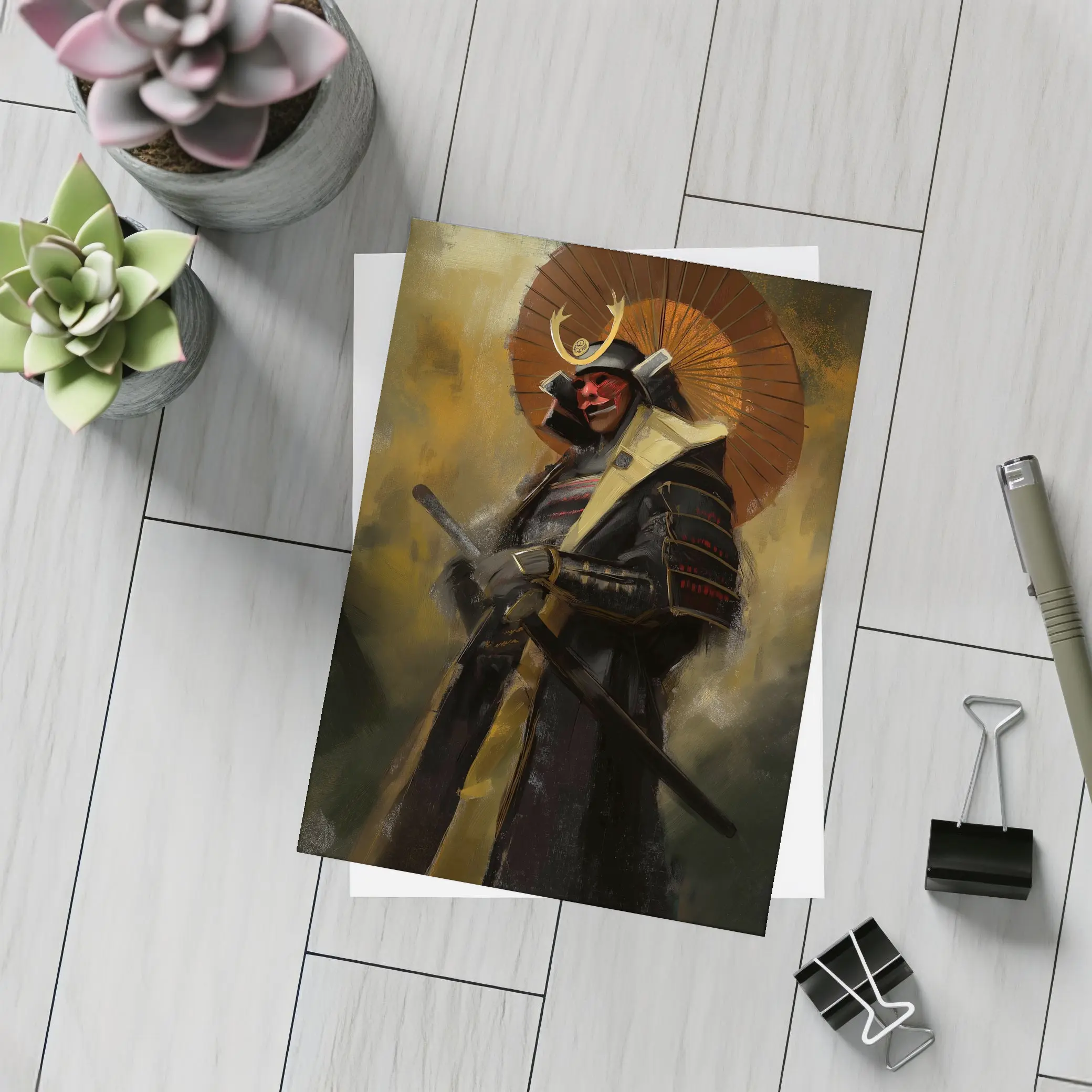 Red Masked Samurai Warrior Dark Painted Background – Postcards