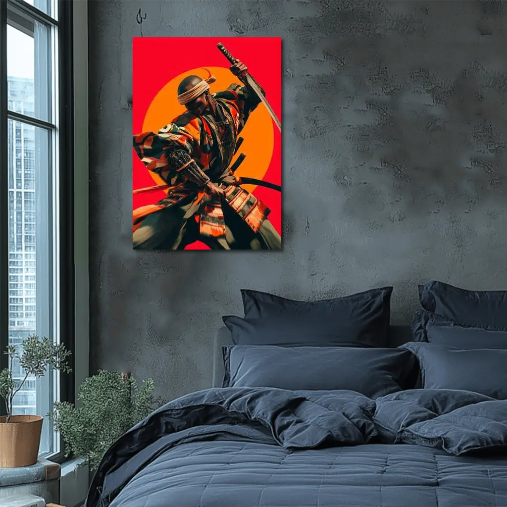 Samurai Warrior Red Sun Background Art – Wall Art