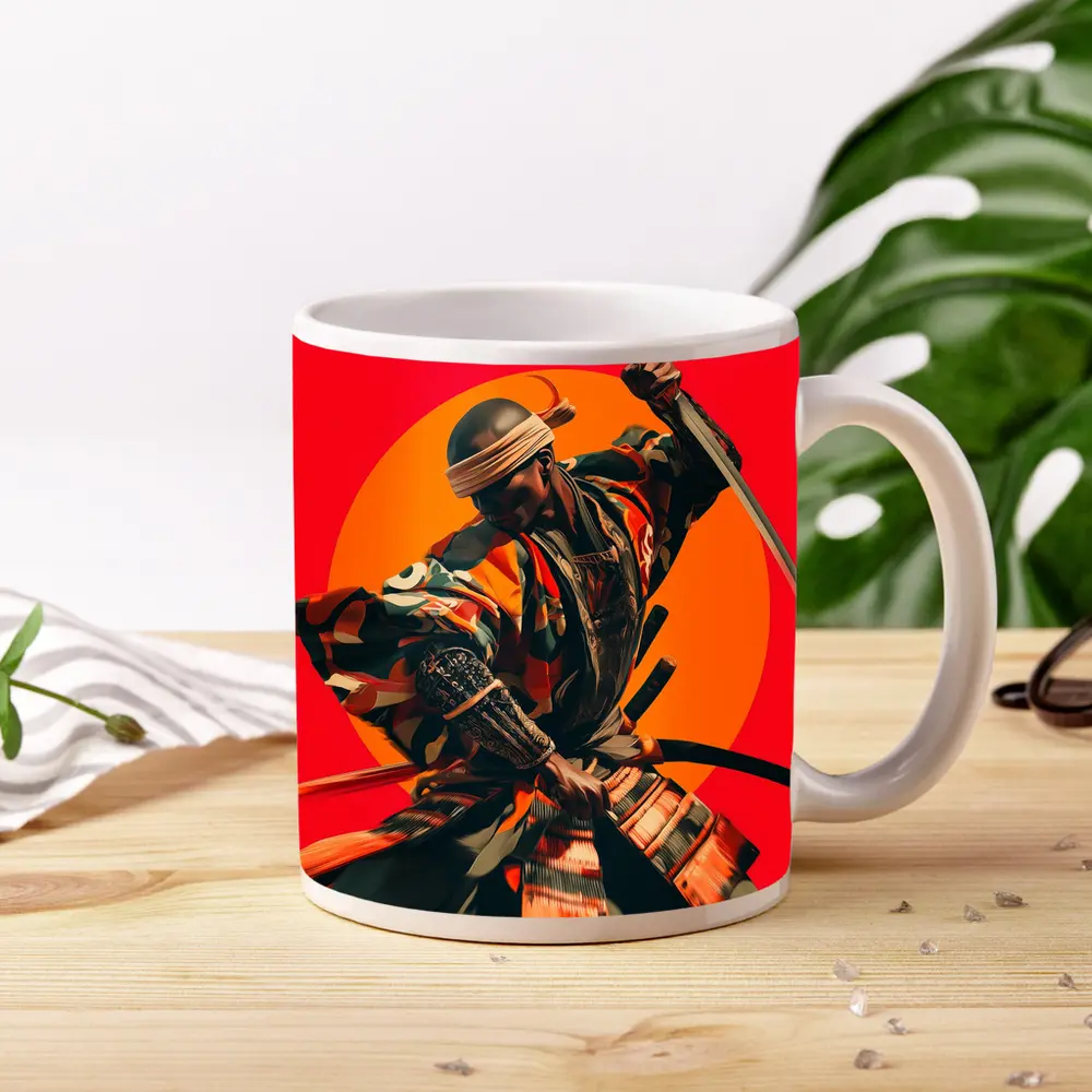 Samurai Warrior Red Sun Background Art – Mugs