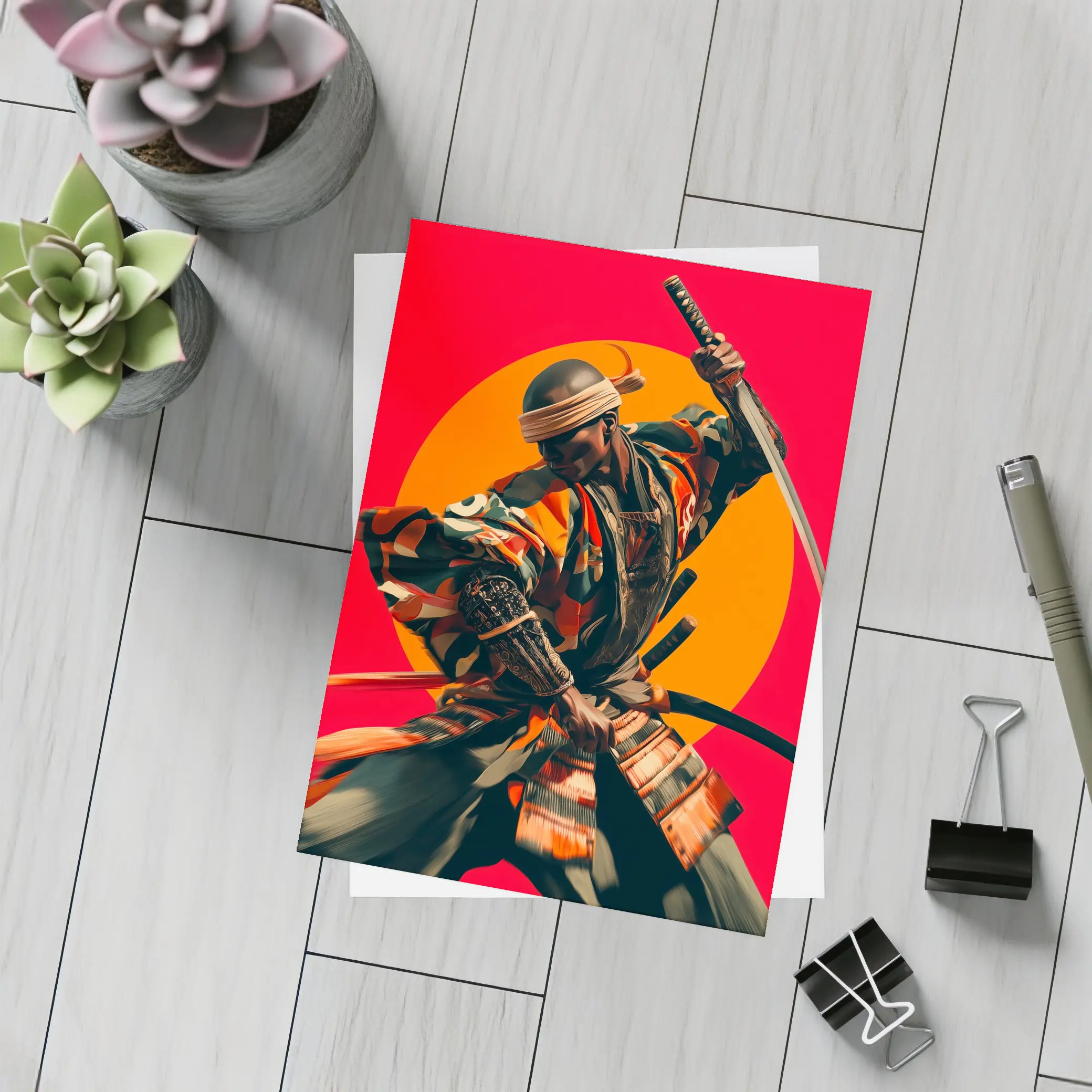 Samurai Warrior Red Sun Background Art – Postcards