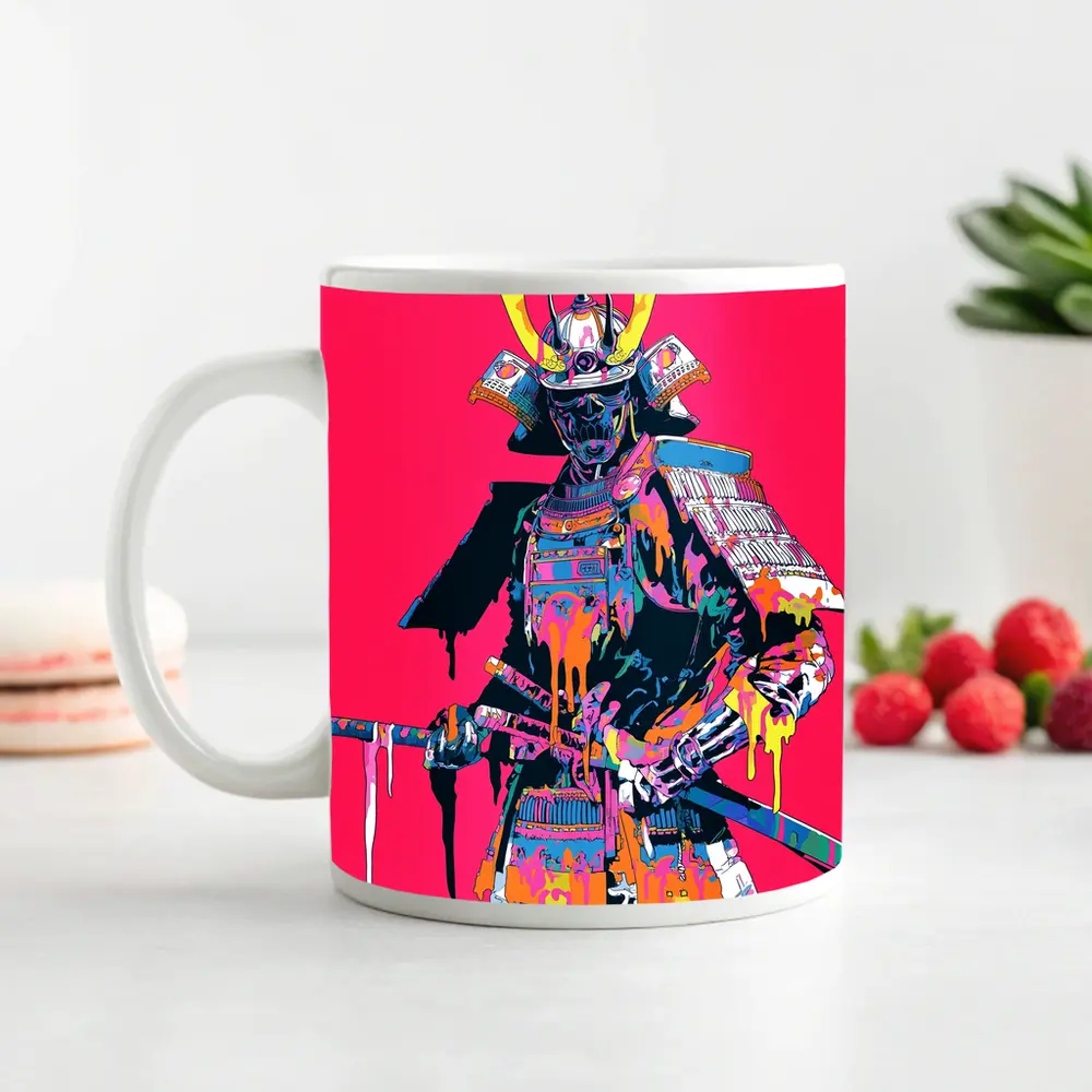 Neon Samurai Warrior Pink Pop Art – Mugs