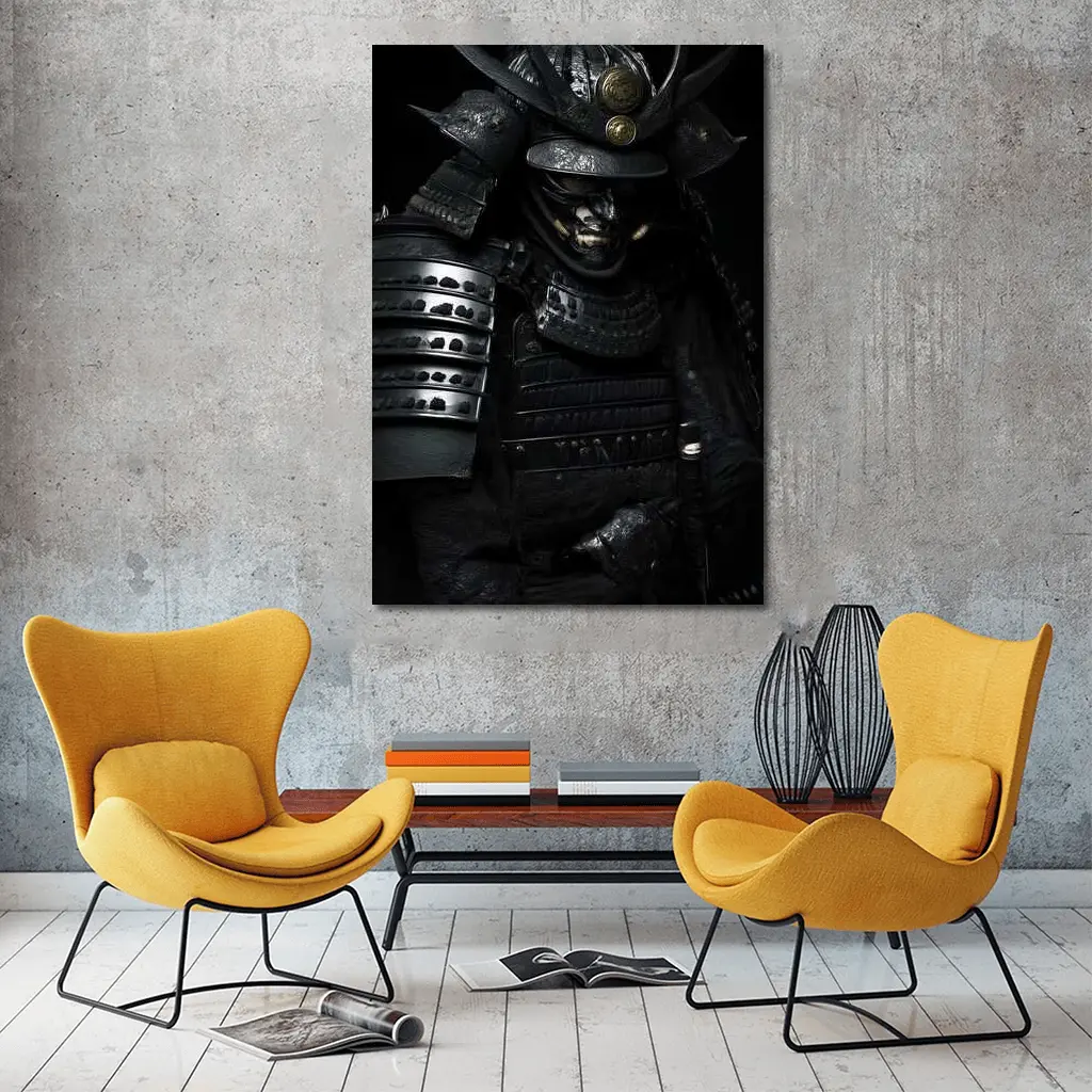 Black Samurai Warrior Full Armor Dark Background – Wall Art