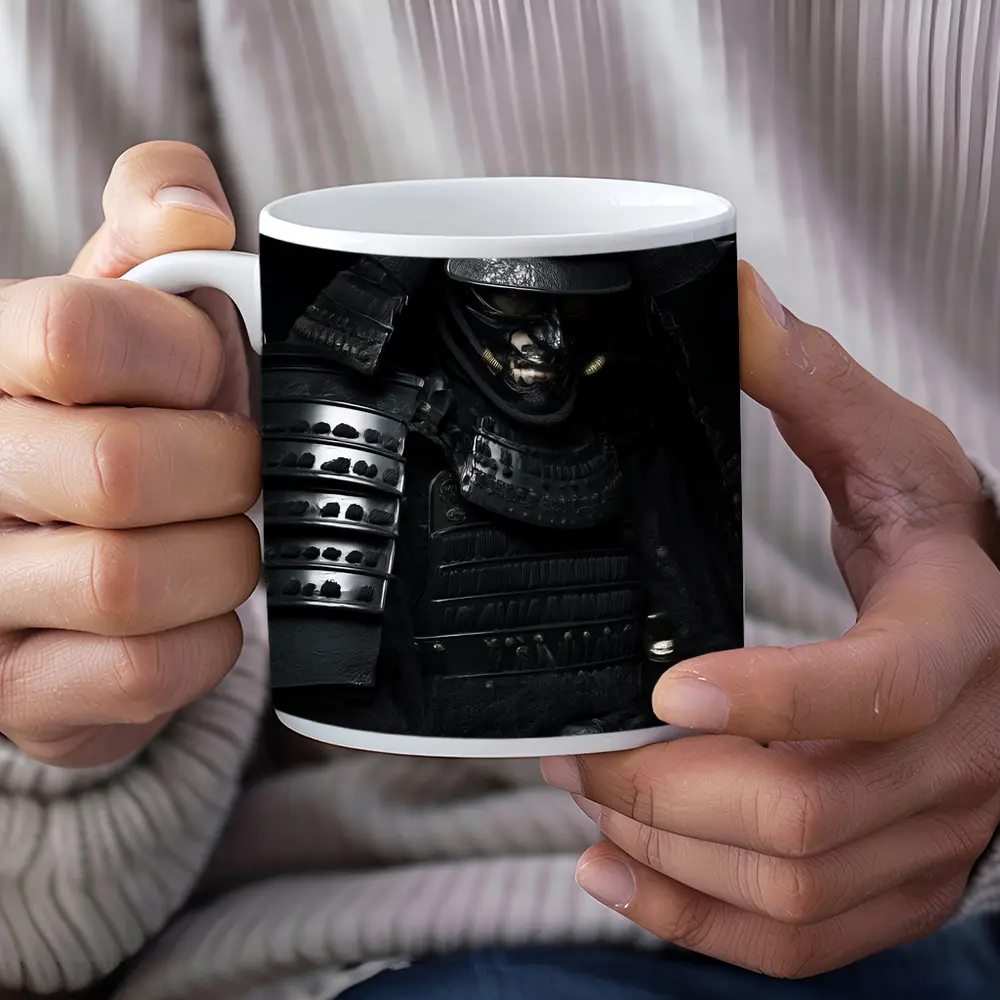 Black Samurai Warrior Full Armor Dark Background – Mugs