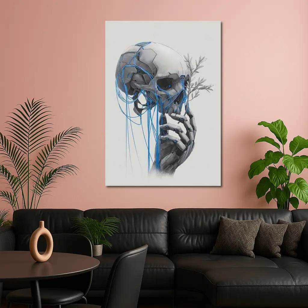 Cyberpunk Robot Skull Blue Wires Art – Wall Art