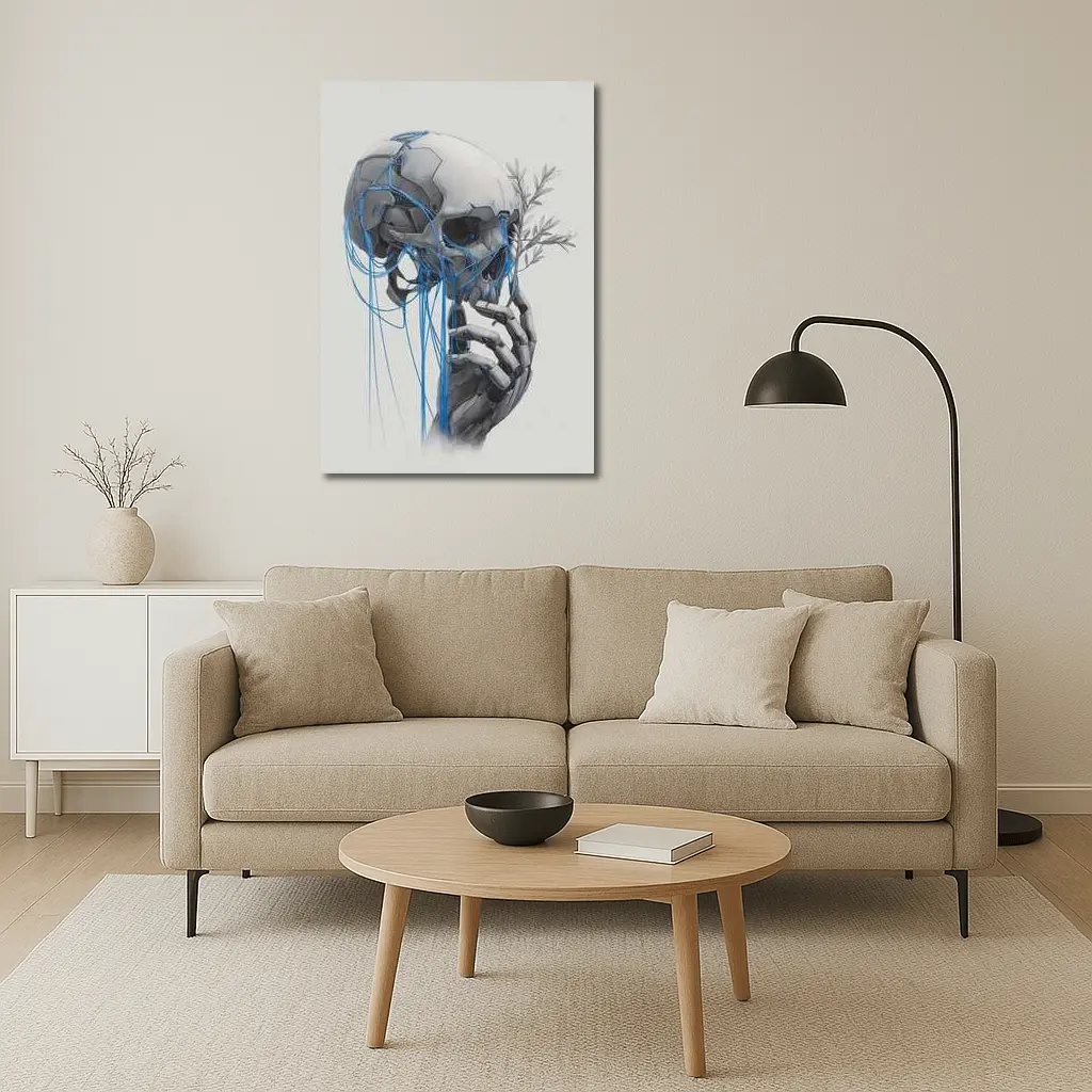Cyberpunk Robot Skull Blue Wires Art – Wall Art