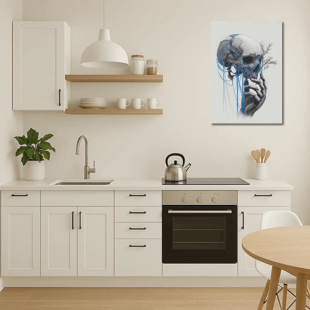 Cyberpunk Robot Skull Blue Wires Art – Wall Art