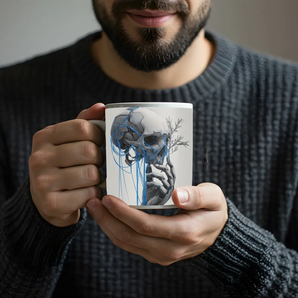Cyberpunk Robot Skull Blue Wires Art – Mugs