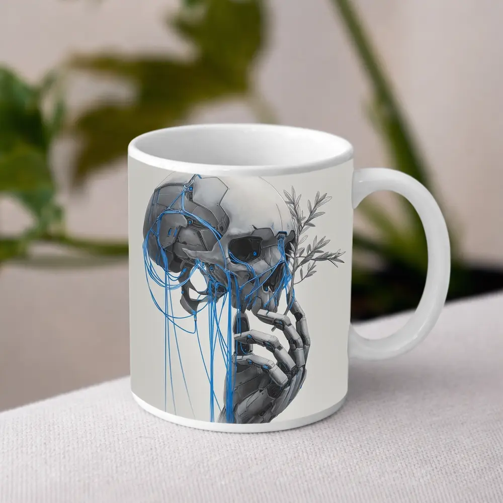 Cyberpunk Robot Skull Blue Wires Art – Mugs