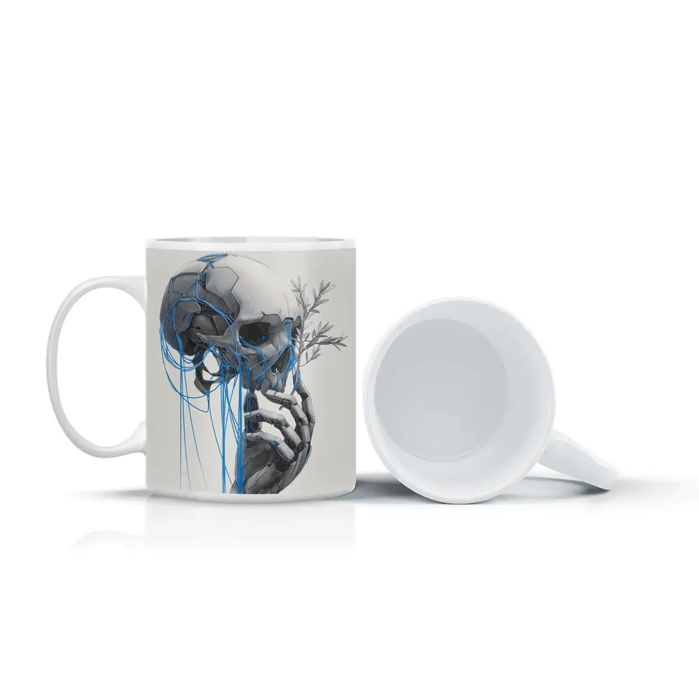 Cyberpunk Robot Skull Blue Wires Art – Mugs