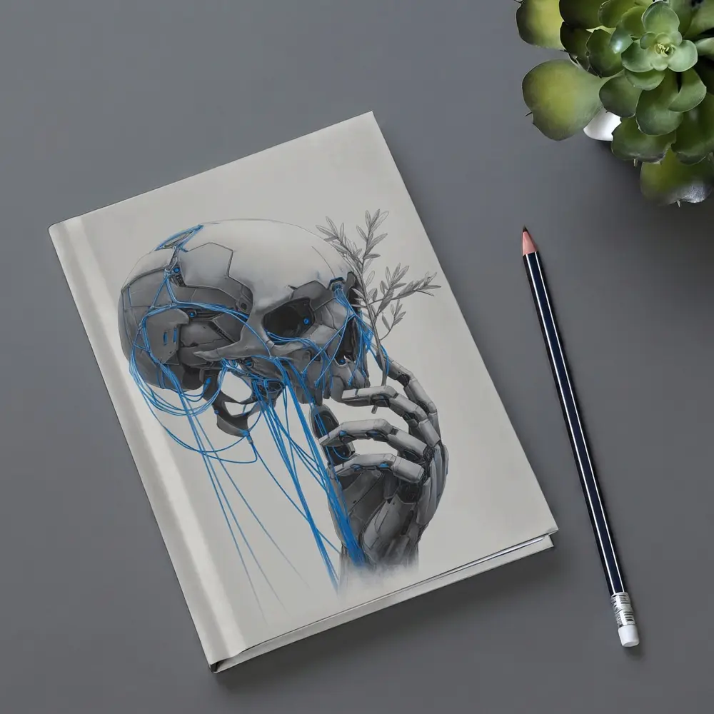 Cyberpunk Robot Skull Blue Wires Art – Notebooks