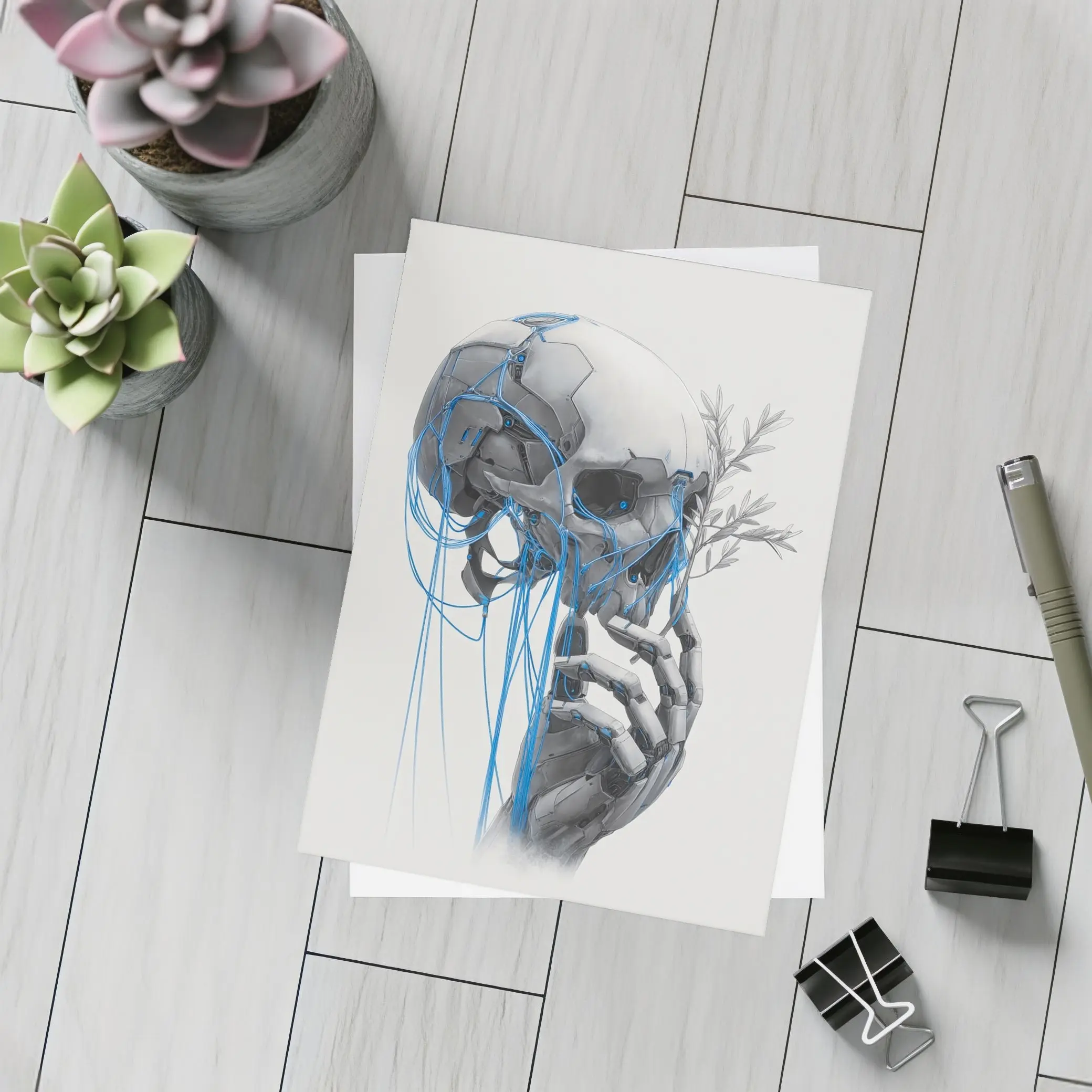 Cyberpunk Robot Skull Blue Wires Art – Postcards