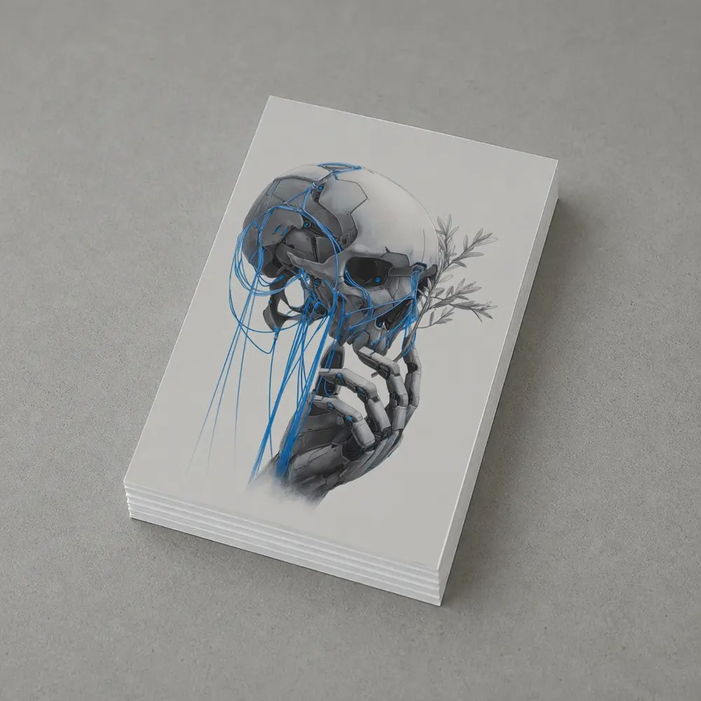 Cyberpunk Robot Skull Blue Wires Art – Postcards