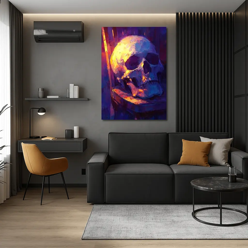 Skull Oil Painting Purple Blue Moody Light – Wall Art