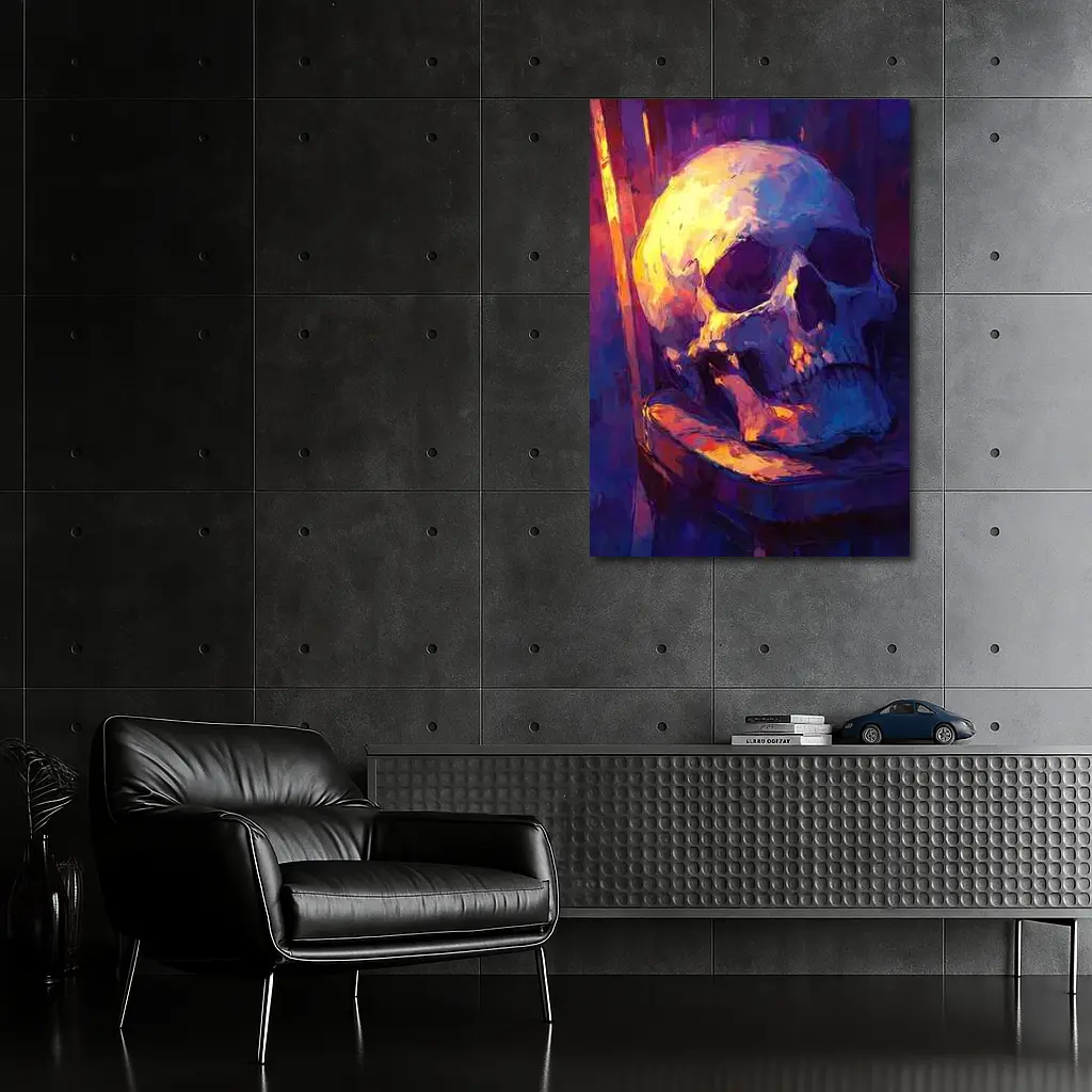 Skull Oil Painting Purple Blue Moody Light – Wall Art