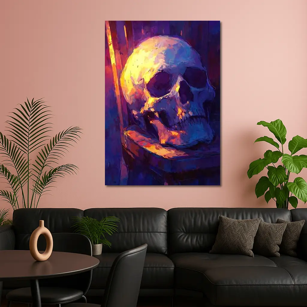 Skull Oil Painting Purple Blue Moody Light – Wall Art