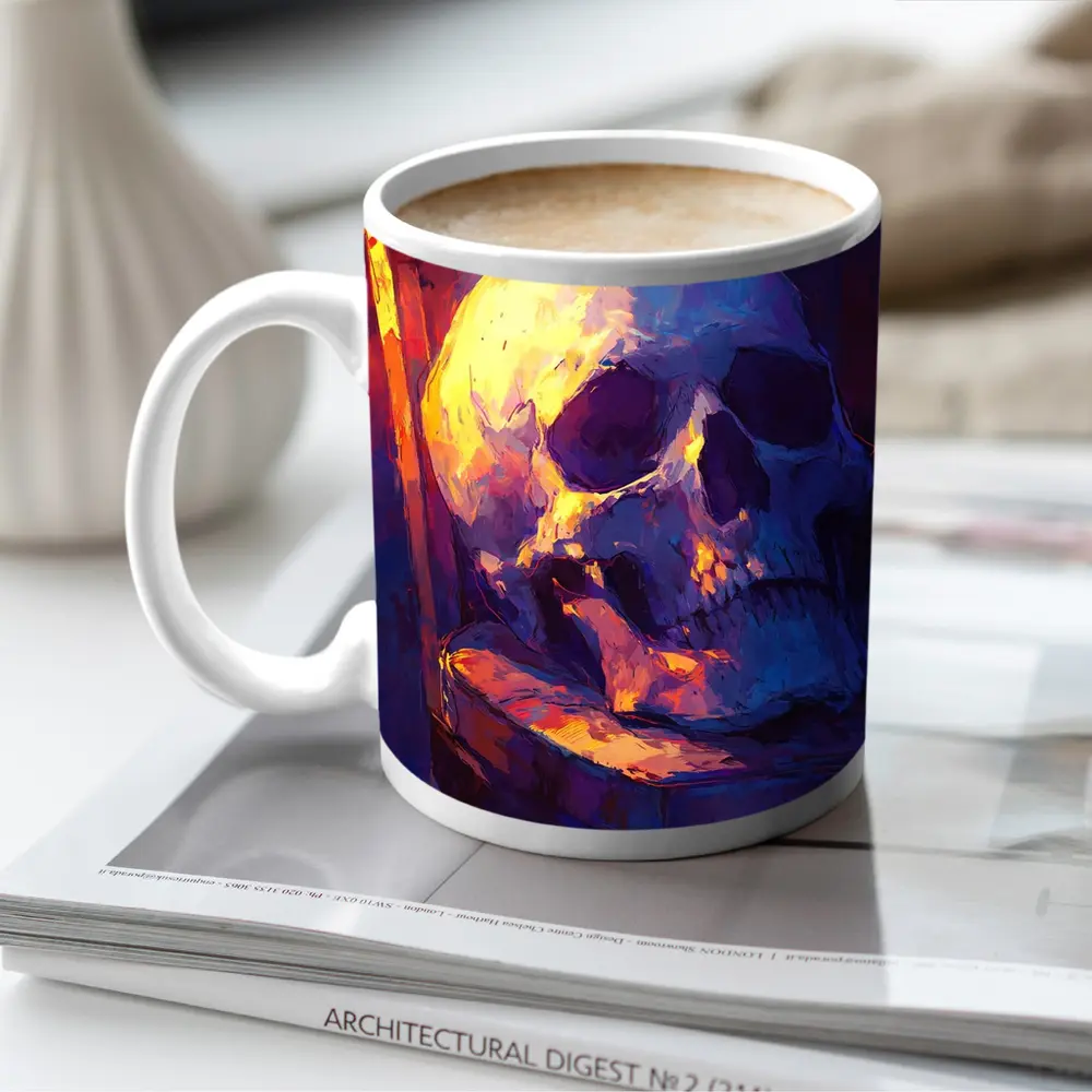 Skull Oil Painting Purple Blue Moody Light – Mugs