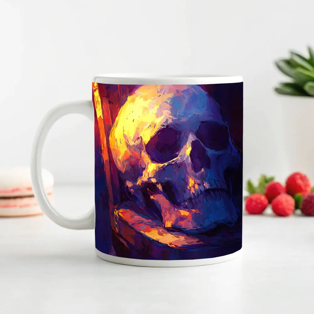Skull Oil Painting Purple Blue Moody Light – Mugs