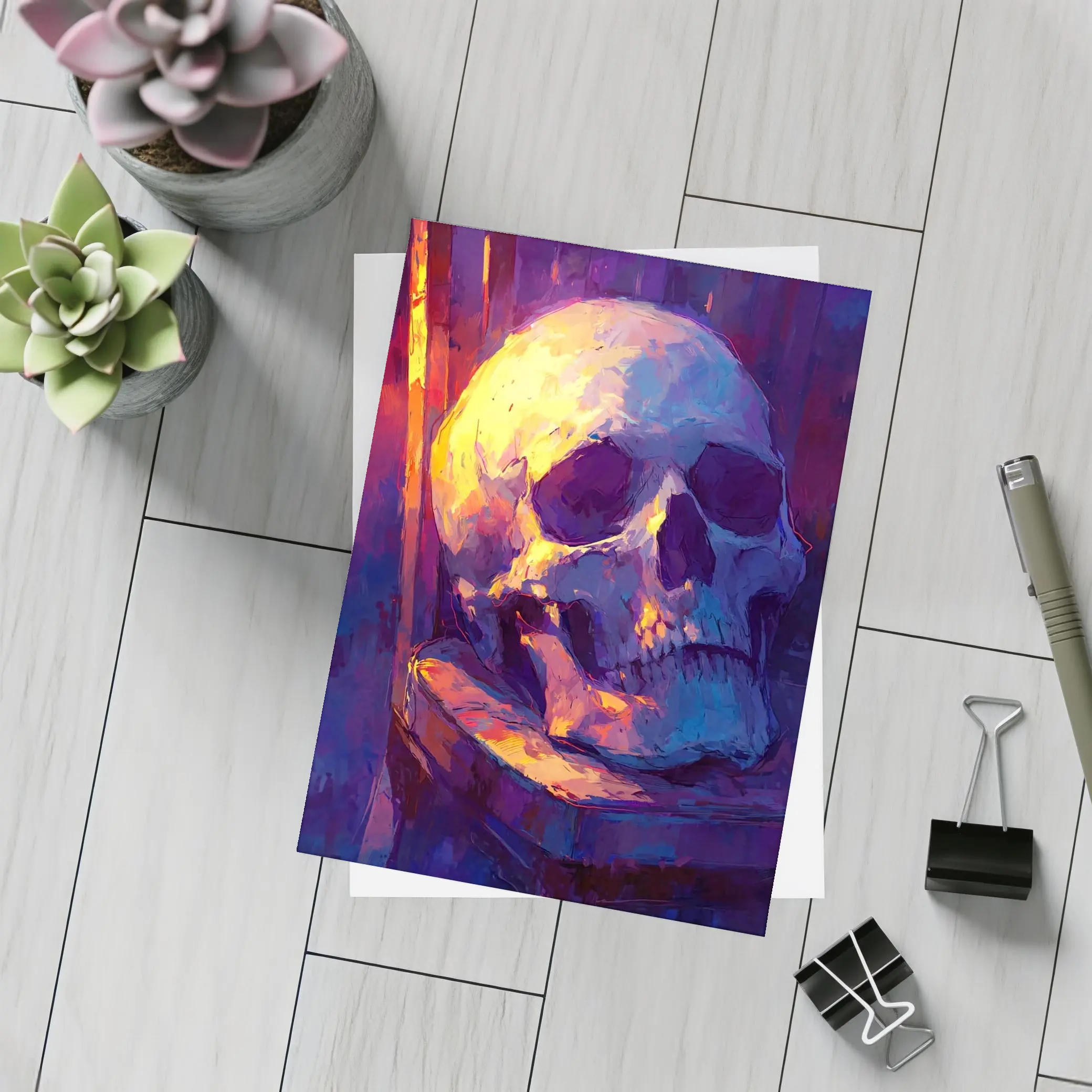 Skull Oil Painting Purple Blue Moody Light – Postcards
