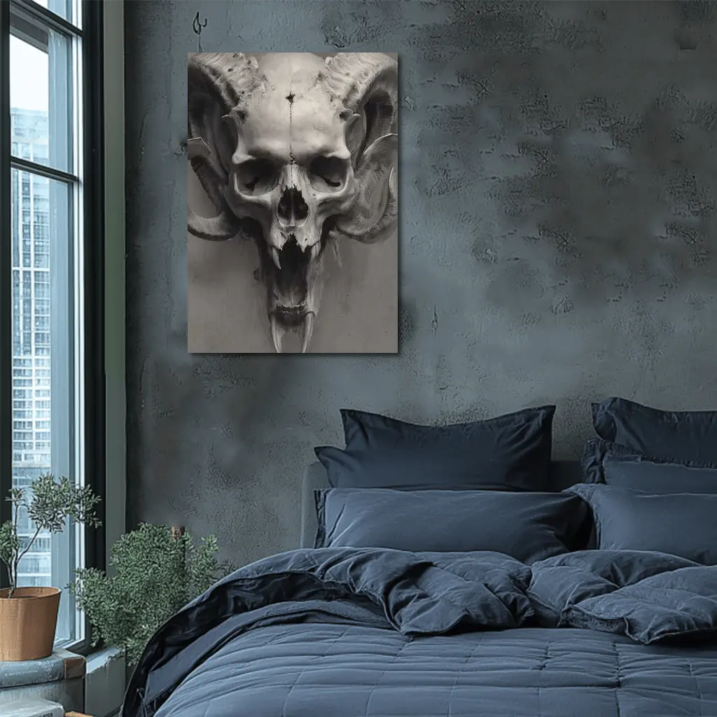 Ram Skull With Horns Gray Background – Wall Art