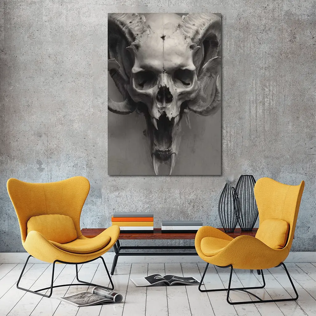 Ram Skull With Horns Gray Background – Wall Art