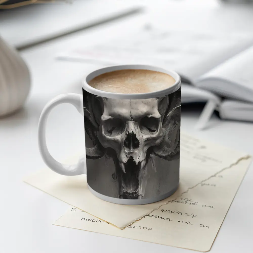 Ram Skull With Horns Gray Background – Mugs