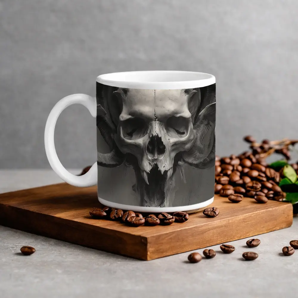 Ram Skull With Horns Gray Background – Mugs