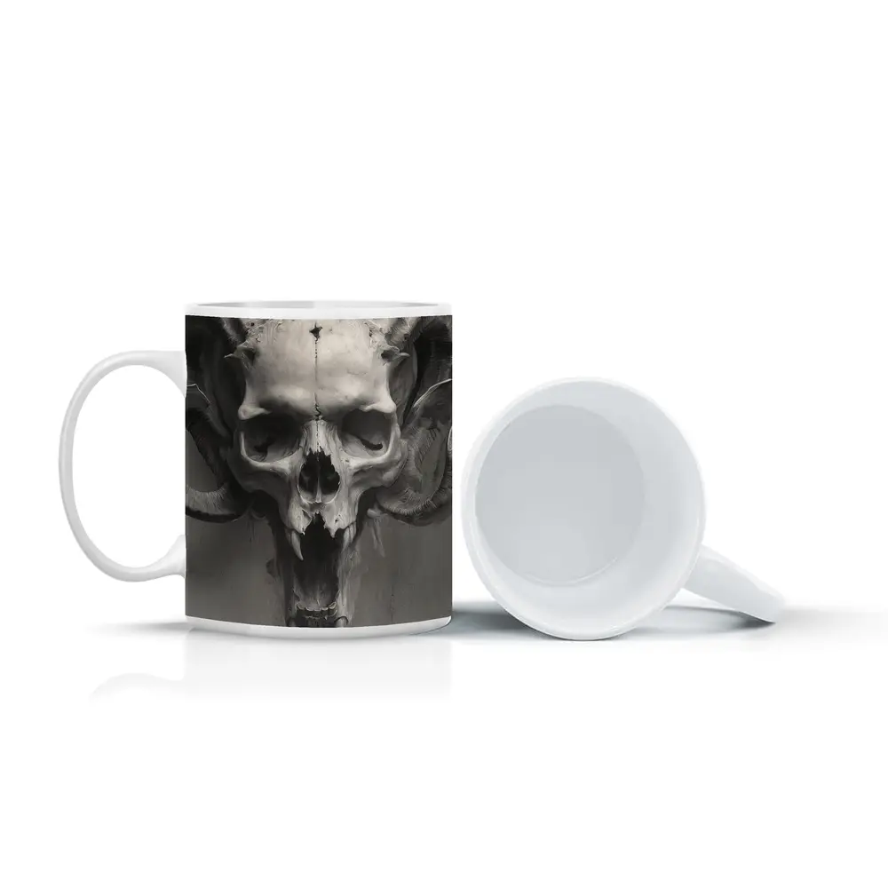 Ram Skull With Horns Gray Background – Mugs