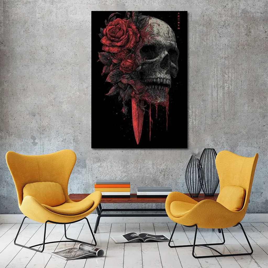 Dark Skull Red Roses Dagger Black Background – Wall Art