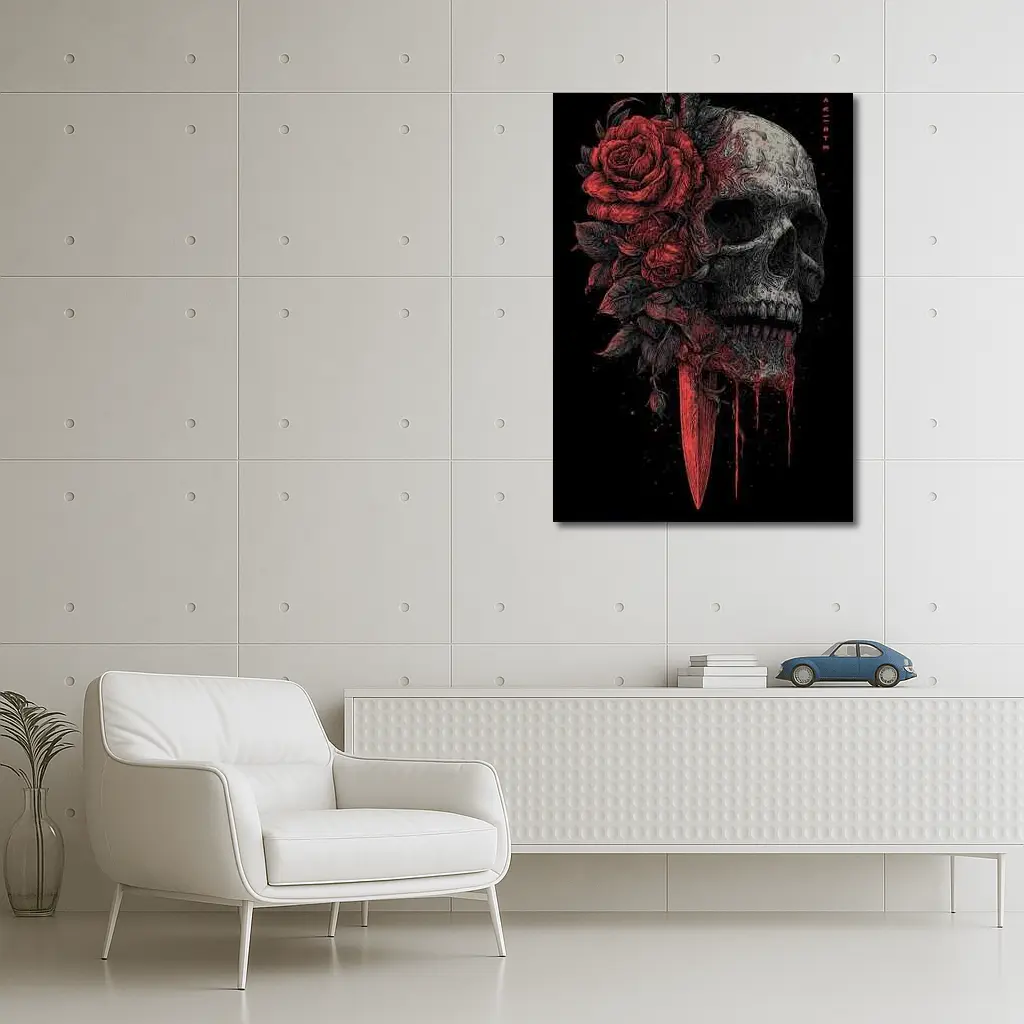 Dark Skull Red Roses Dagger Black Background – Wall Art