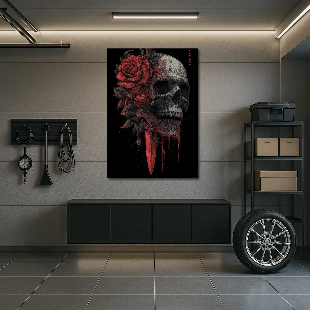 Dark Skull Red Roses Dagger Black Background – Wall Art