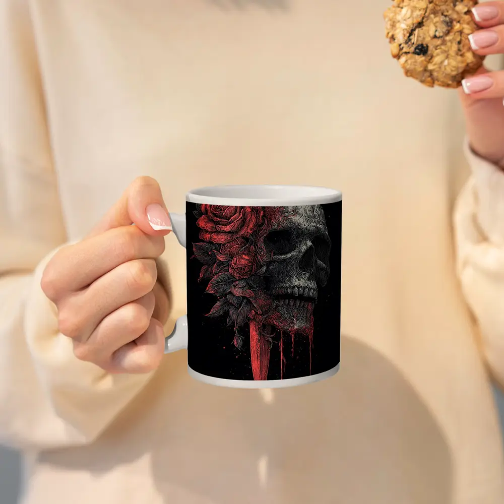 Dark Skull Red Roses Dagger Black Background – Mugs