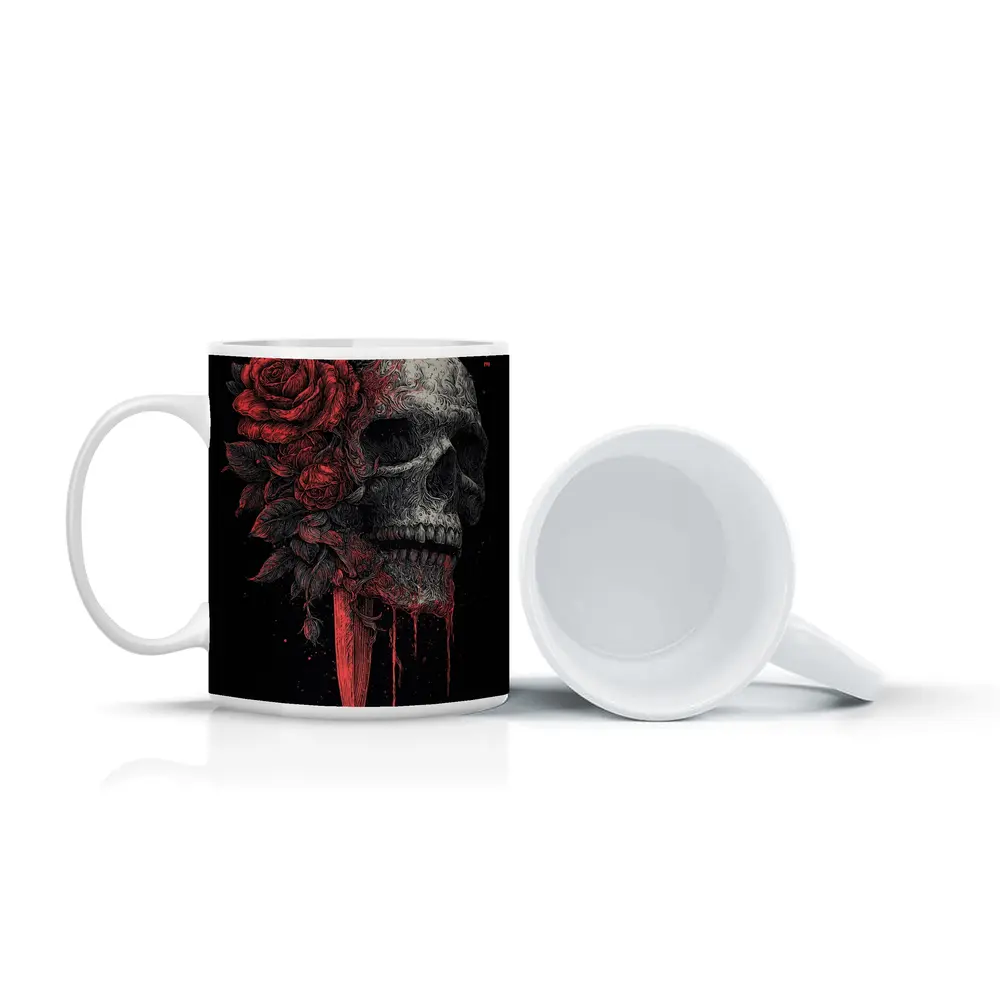 Dark Skull Red Roses Dagger Black Background – Mugs