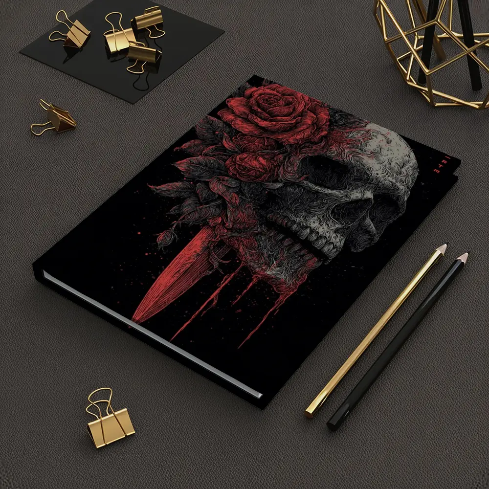 Dark Skull Red Roses Dagger Black Background – Notebooks